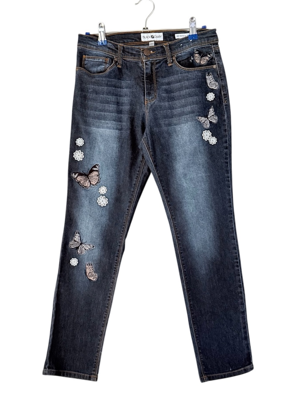 Black Daisy Dark Blue Straight Leg Jeans with Butterfly Embroidery Girls Size 14